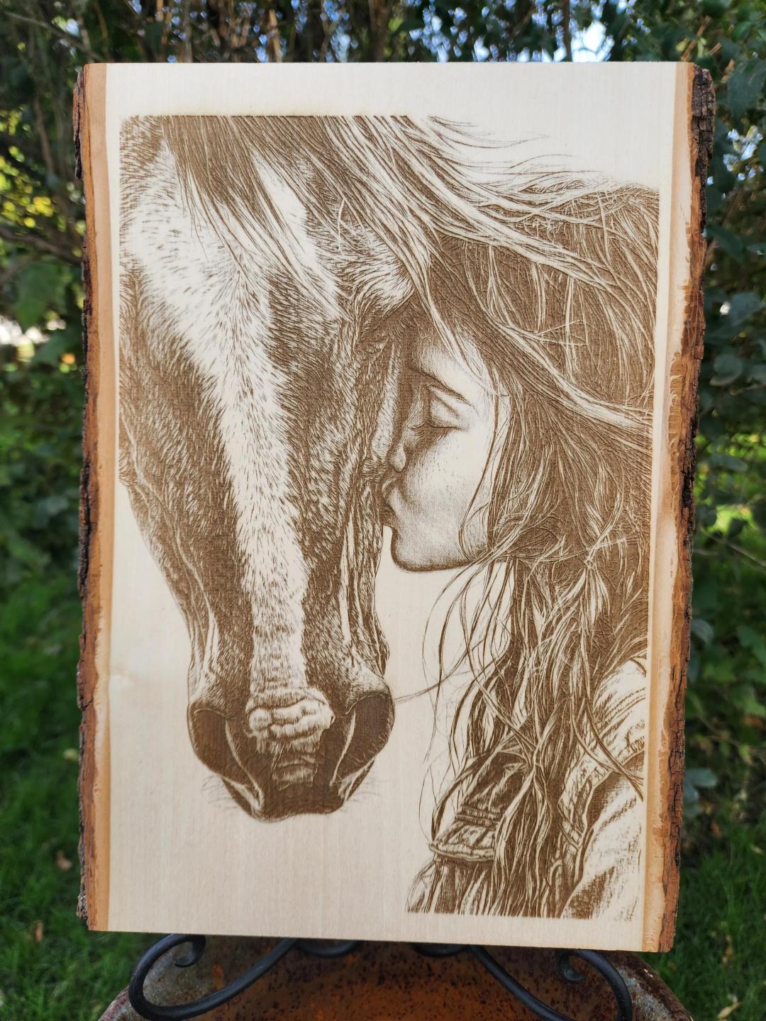 Cowgirl Kissing Horse Laser Engraved on Live Edge Wood Home Decor