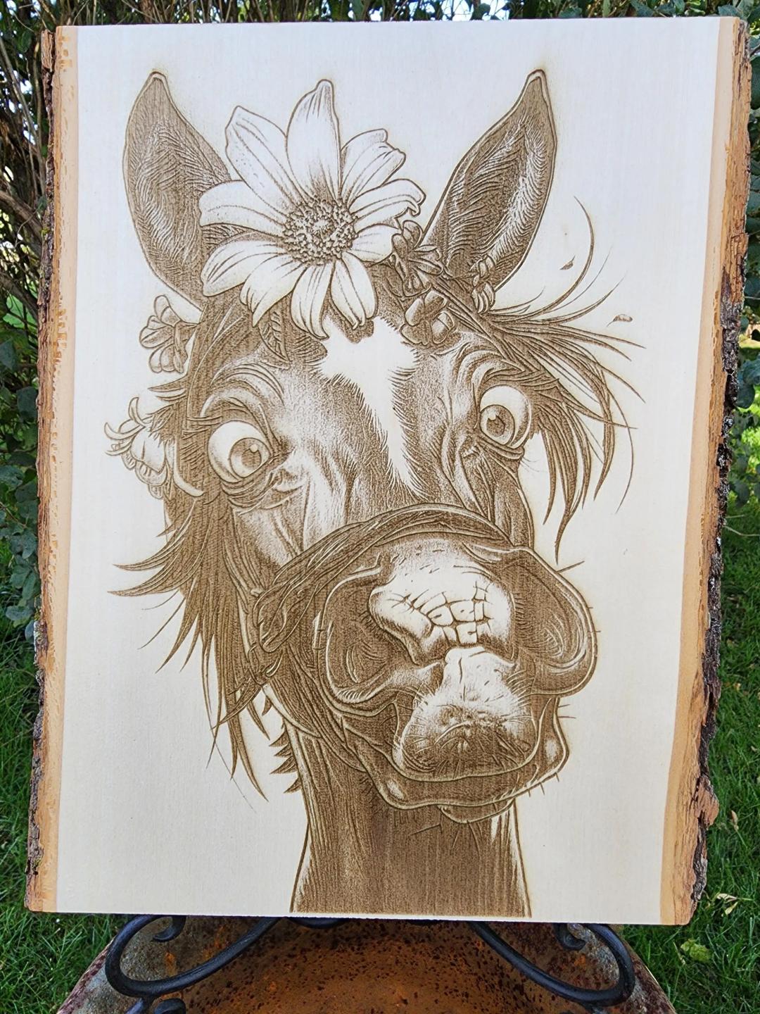 Silly Horse Laser Engraved on Live Edge Wood Home Decor