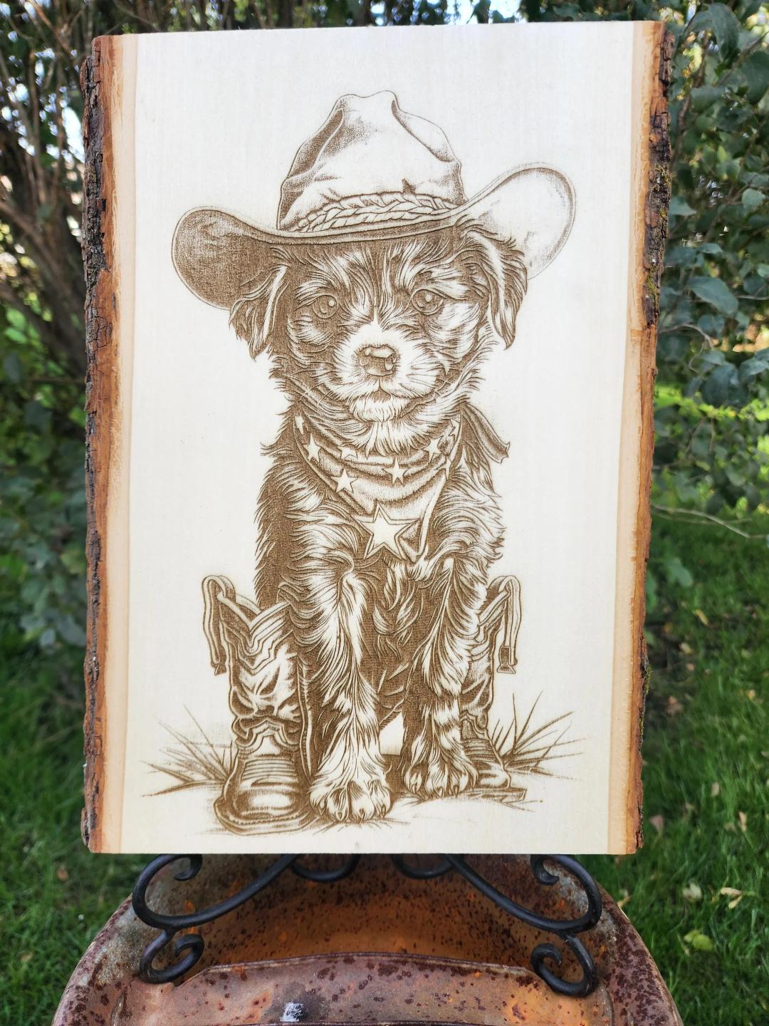Cowboy Dog Laser Engraved on Live Edge Wood Home Decor