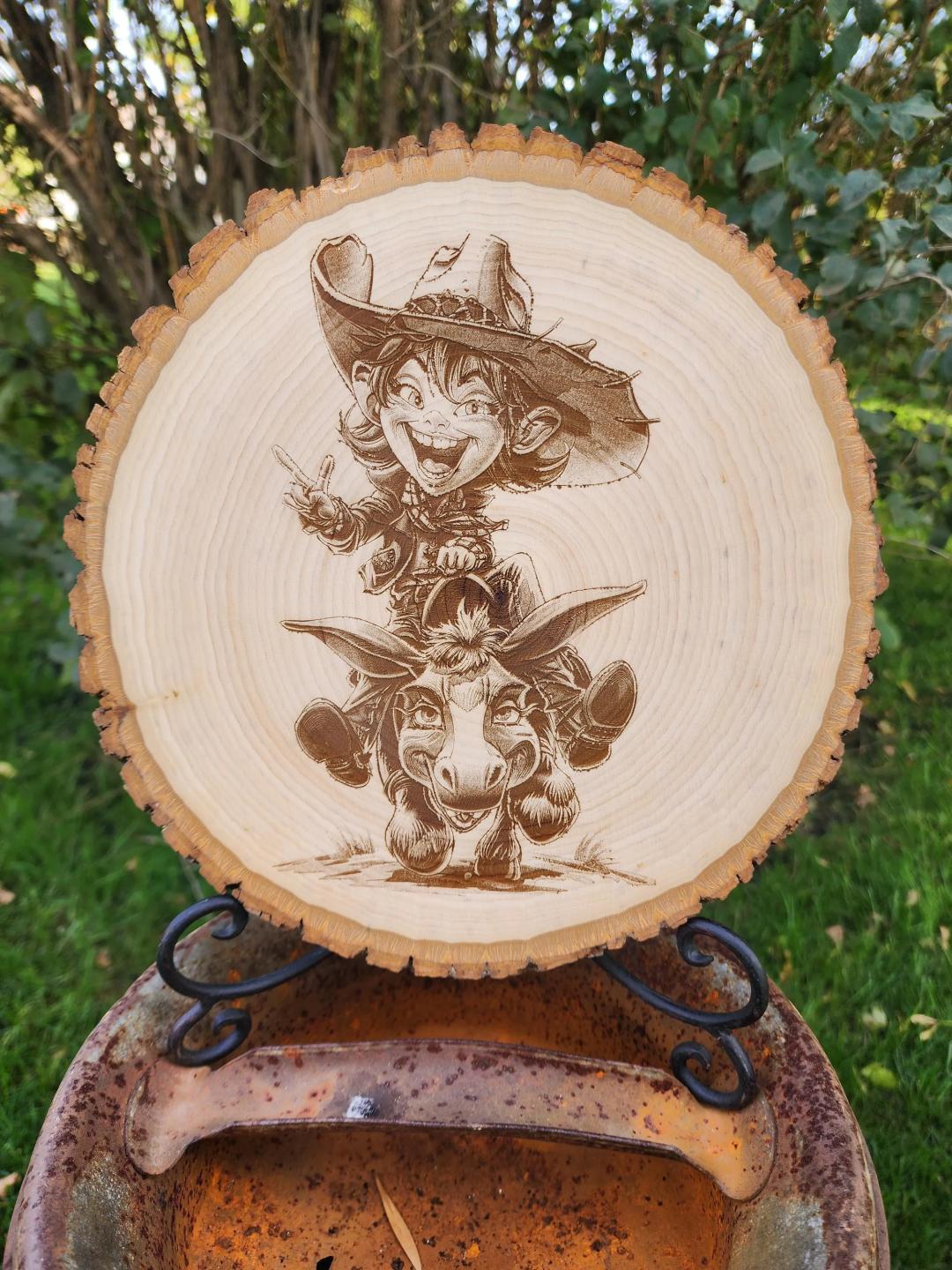 Silly Sally Cowgirl Laser Engraved on Live Edge Wood Home Decor