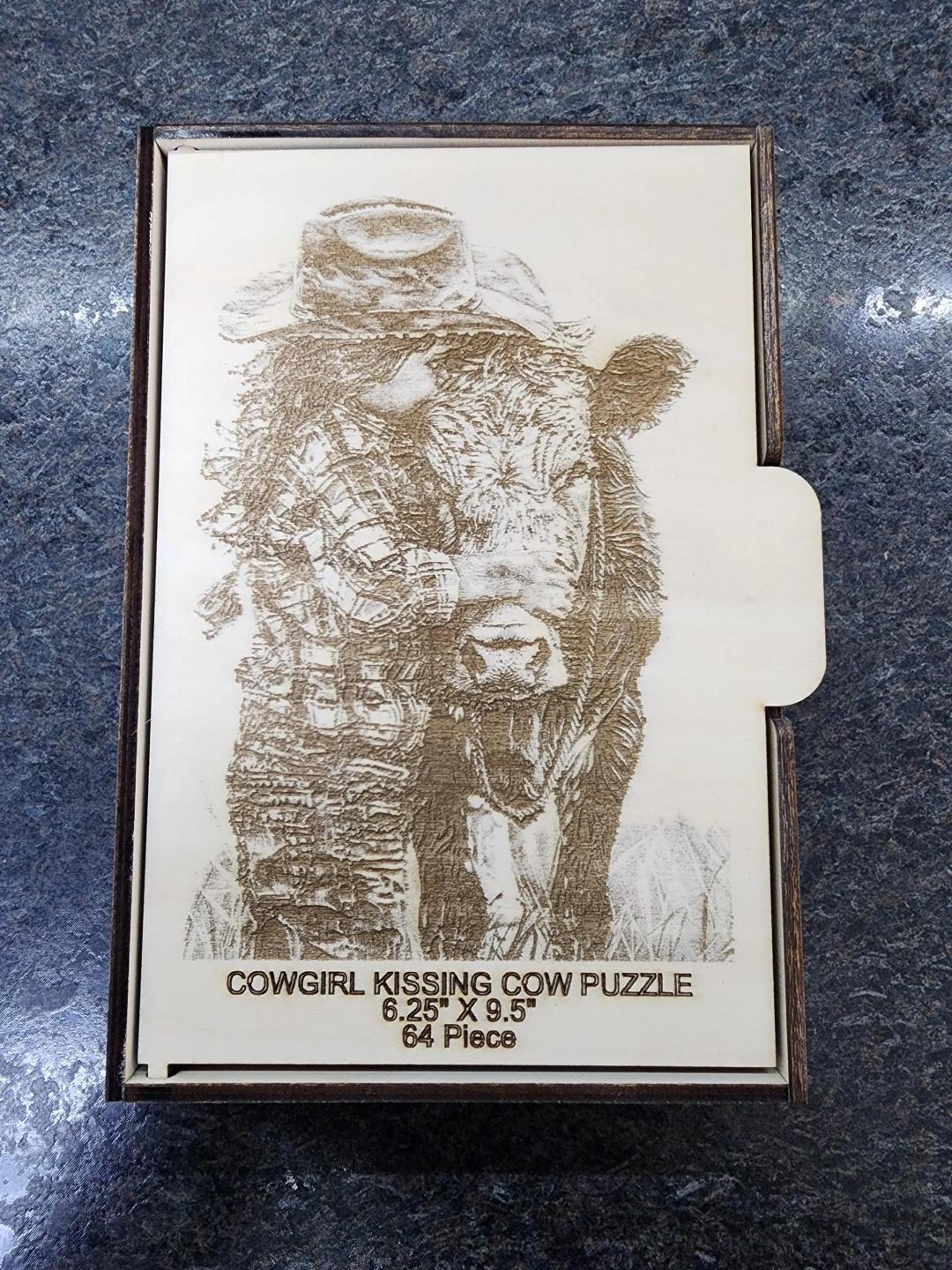 Cowgirl Kissing Cow 64 Piece Wooden Puzzle with storage box.
