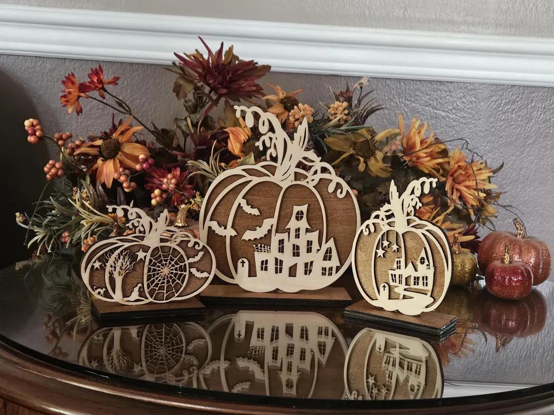 Halloween Desk Home Decor Pumpkins Halloween Scene Set of 3