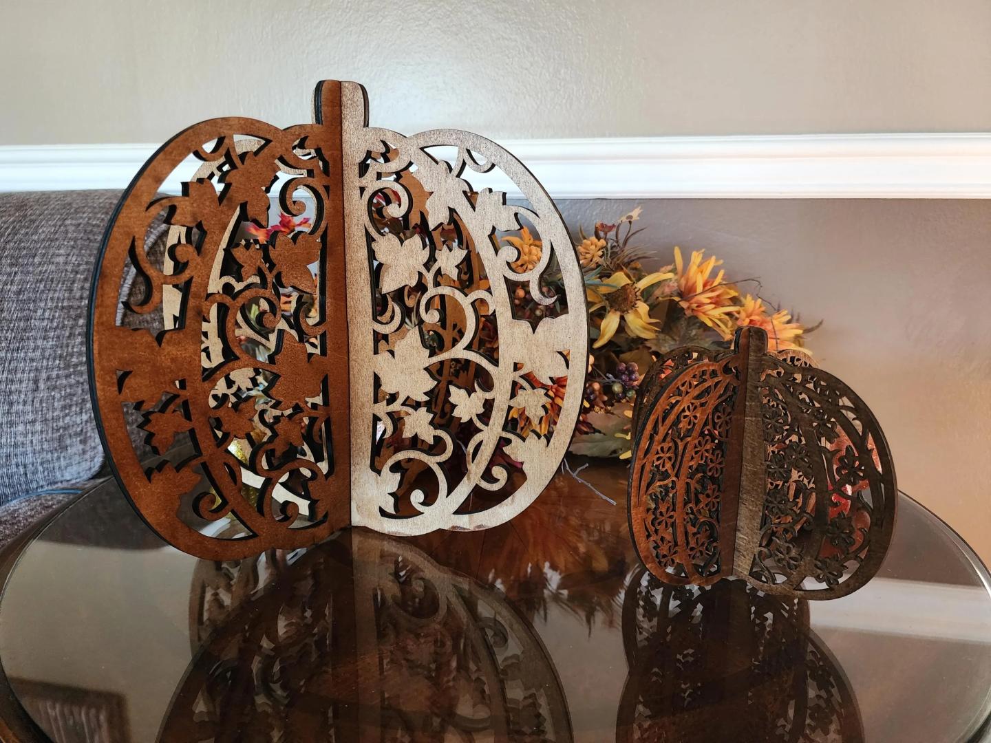 Home Decor Scroll Pumpkin Fall Decor Dark Stained Wood Set of 2