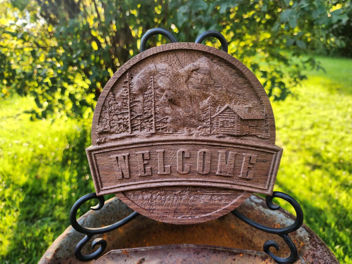 Cabin In the Woods Carved Welcome Sign